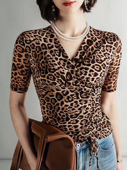 Half Sleeves Skinny Leopard Pleated V-Neck T-Shirts Tops