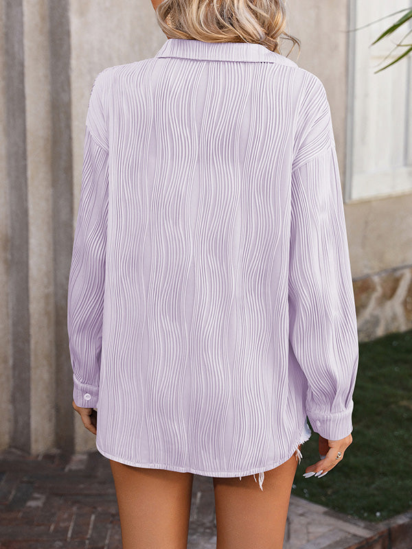 Long Sleeves Buttoned Jacquard Pleated Solid Color Blouses&Shirts Tops