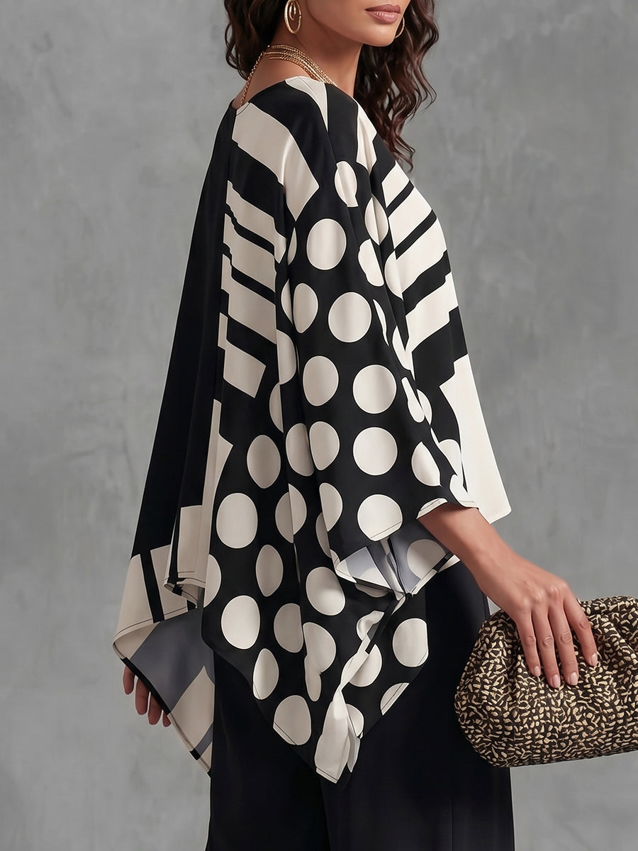 Batwing Sleeves Long Sleeves Contrast Color Polka-Dot Printed Round-Neck T-Shirts Tops