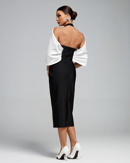 ESTEFANIA Open Back Draped Flower Midi Bandage Dress
