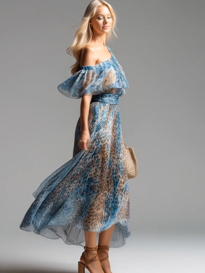 A-Line High Waisted Contrast Color Elasticity Leopard One-Shoulder Maxi Dresses