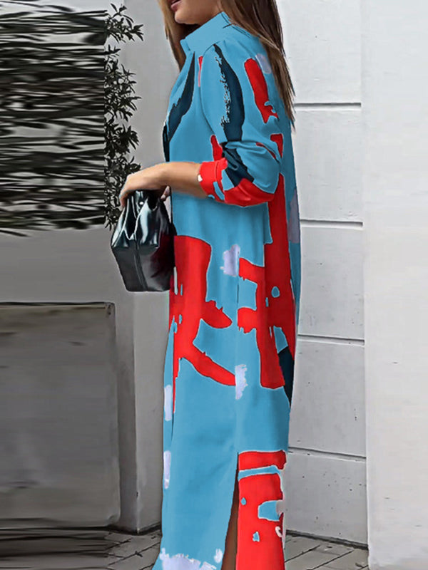 Lockeres, gewickeltes Hemdkleid mit Knöpfen, kontrastfarbenen Taschen, bedrucktem Schlitz an der Seite 