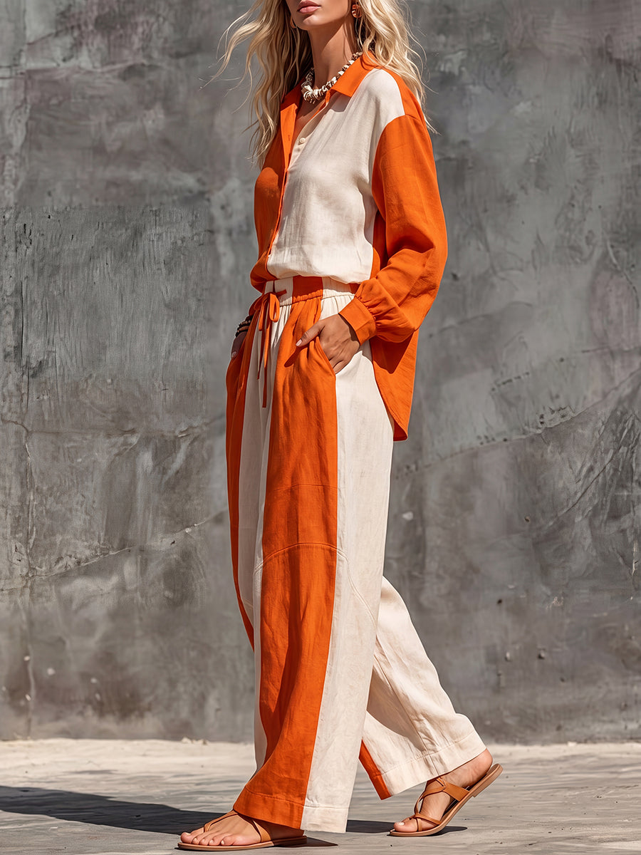 Long Sleeves Puff Sleeves Buttoned Contrast Color Lapel Blouses&Shirts Tops