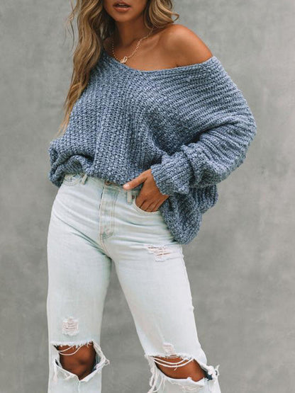 Long Sleeves Loose Solid Color V-Neck Knitwear Pullovers Sweater Tops