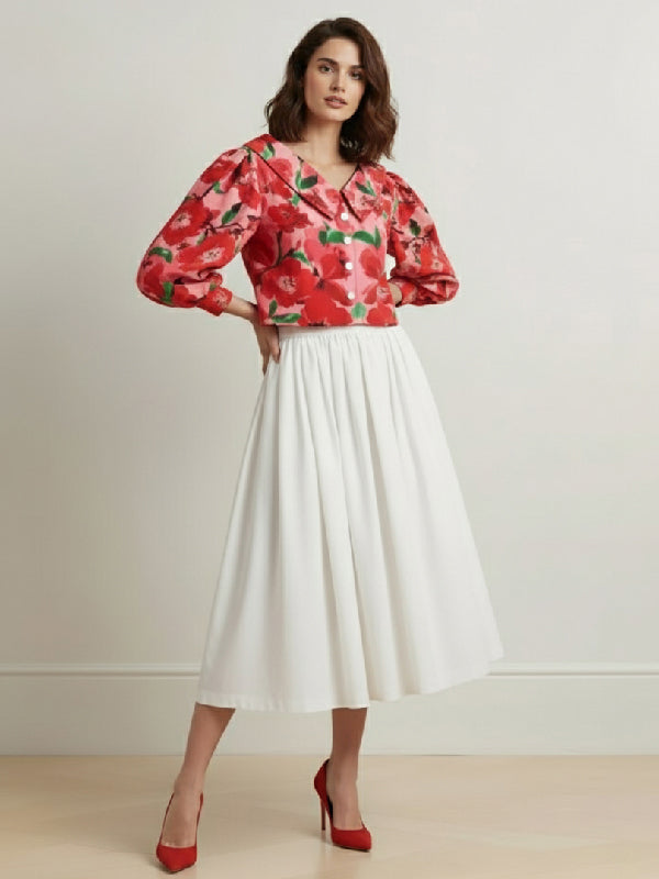 Long Sleeves Puff Sleeves Buttoned Flower Print Lapel Blouses&Shirts Tops