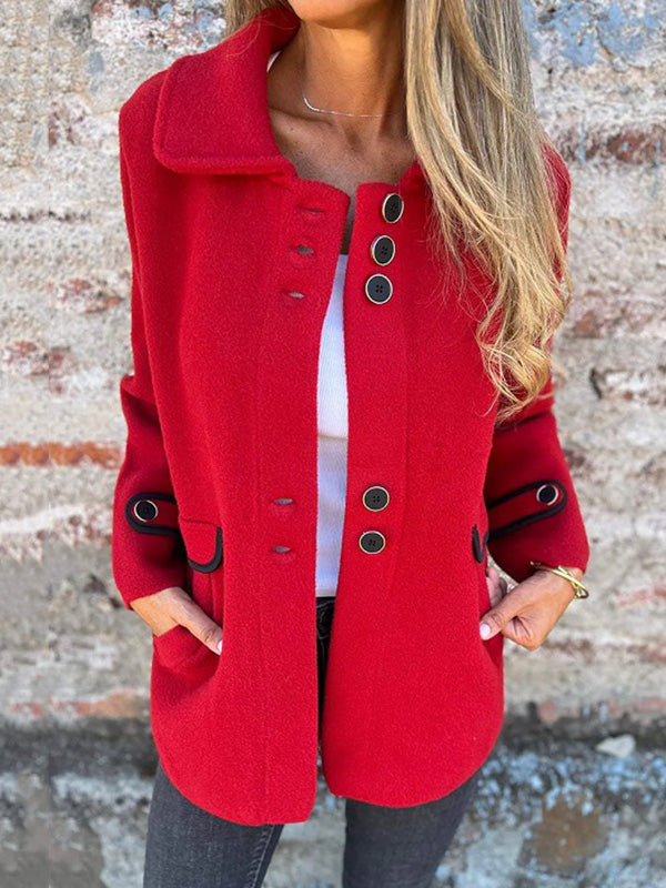 Long Sleeves Loose Buttoned Split-Joint Lapel Outerwear RED