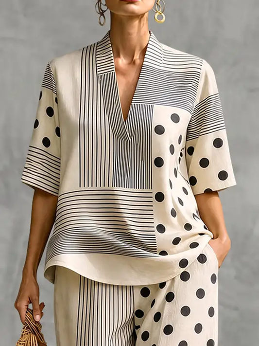 Striped Polka-Dot Short Sleeves Loose V-neck T-Shirts Tops