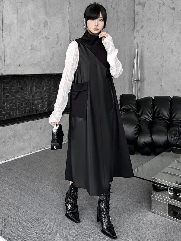 Irregularity Loose Asymmetric Buttoned Solid Color Split-Joint High Neck Midi Dresses