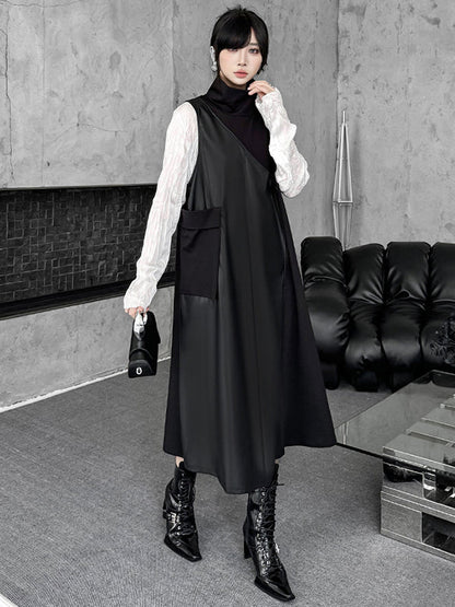 Irregularity Loose Asymmetric Buttoned Solid Color Split-Joint High Neck Midi Dresses