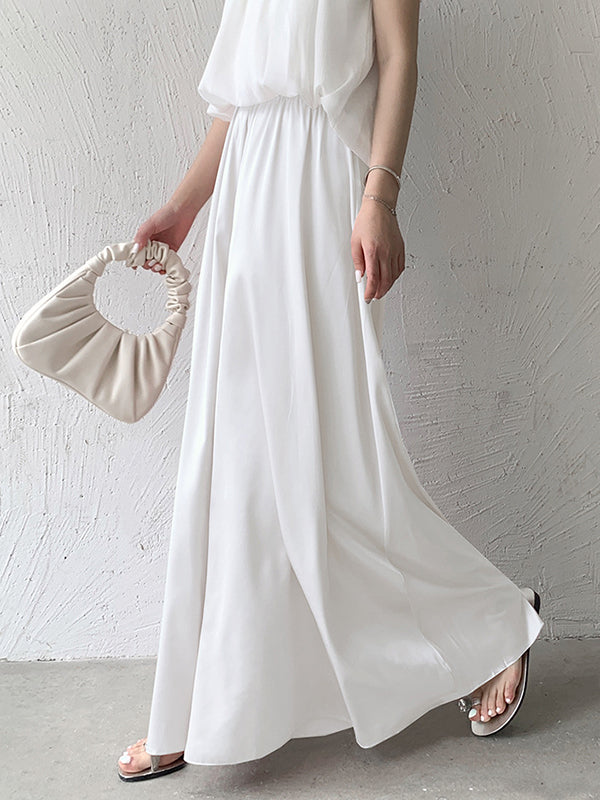 Pantalon culotte taille haute ample et élastique plissé de couleur unie 