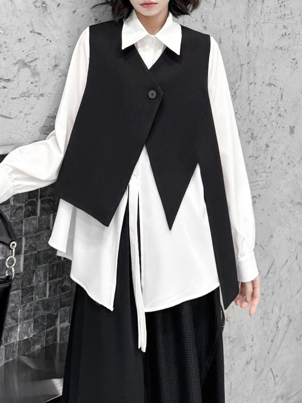 Irregularity Long Sleeves Buttoned Solid Color Split-Joint Streamer Lapel Collar Blouses&Shirts Tops