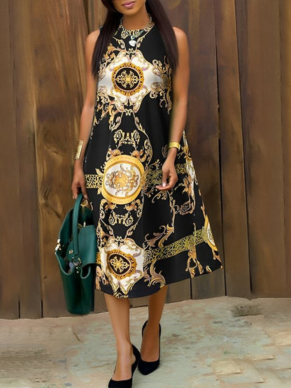 A-Line Sleeveless Contrast Color Pockets Round-Neck Midi Dresses