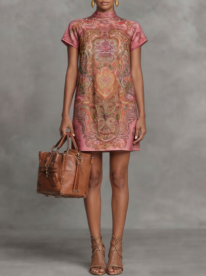 Loose Short Sleeves Contrast Color Printed Stand Collar Mini Dresses