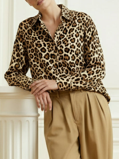 Long Sleeves Buttoned Leopard Lapel Blouses&Shirts Tops