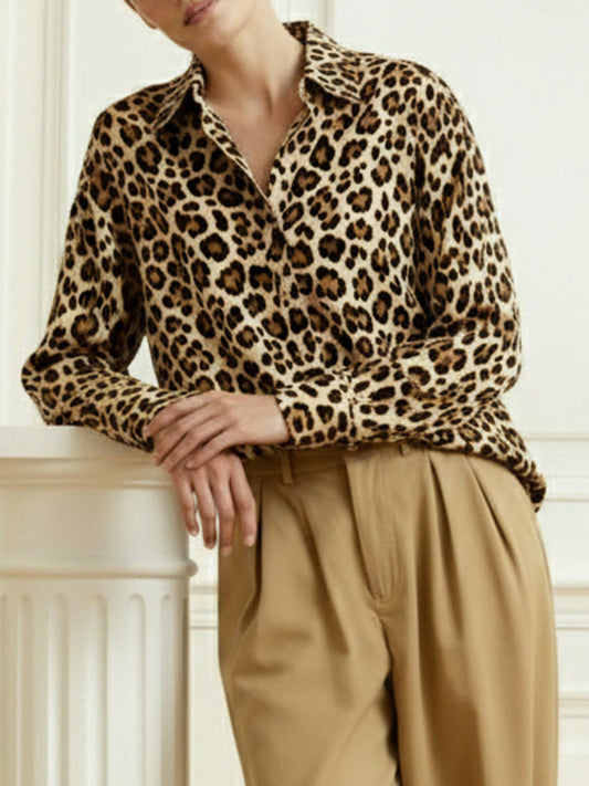 Long Sleeves Buttoned Leopard Lapel Blouses&Shirts Tops