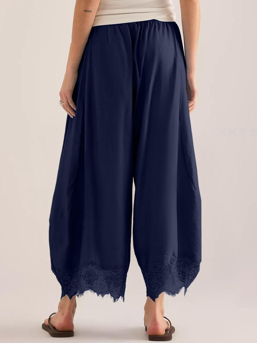 Split-Joint Solid Color Pockets Elasticity Drawstring Wide Leg Loose Trousers Pants