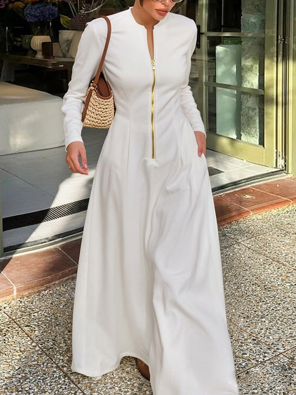 Long Sleeves Solid Color Zipper Round-Neck Maxi Dresses