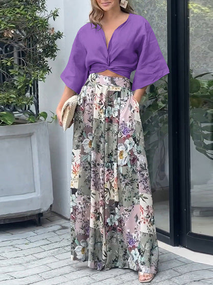 Wide Leg Bandage Bowknot Floral Printed Pockets Shirts Tops&Pants Suits