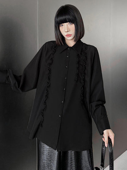 Hipster Long Sleeves Buttoned Falbala Ruffled Solid Color Split-Joint Lapel Blouses&Shirts Tops