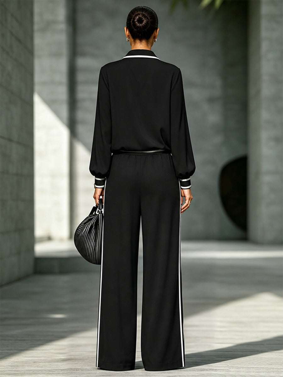 Striped Pockets Drawstring Contrast Color Wide Leg Loose Trousers Pants