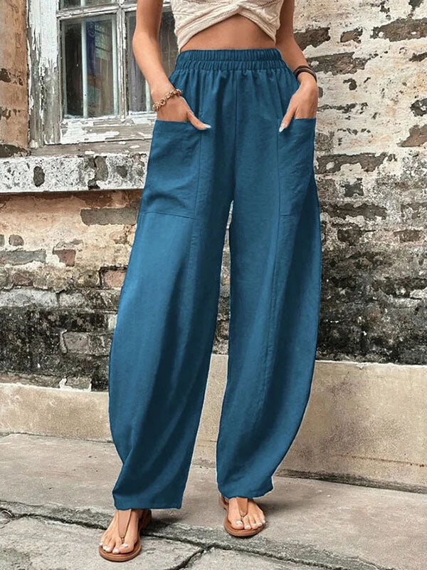 Pantalon ample grande taille avec poches élastiques et couleur unie 