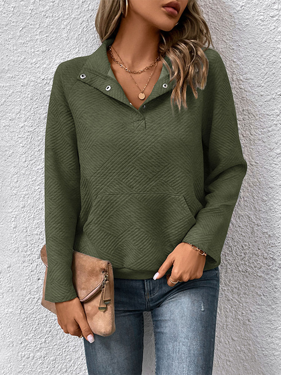 Textured Split-Joint Solid Color Pockets Buttoned Loose Long Sleeves Polo Sweatshirt Tops