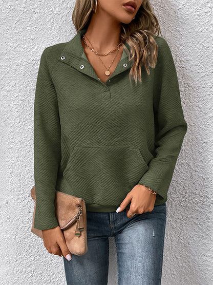 Textured Split-Joint Solid Color Pockets Buttoned Loose Long Sleeves Polo Sweatshirt Tops