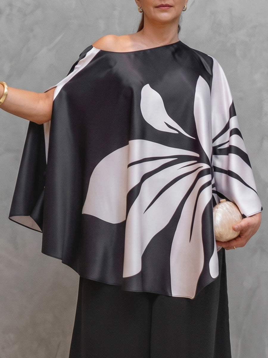 Batwing Sleeves Long Sleeves Contrast Color Flower Print Split-Side One-Shoulder Blouses&Shirts Tops