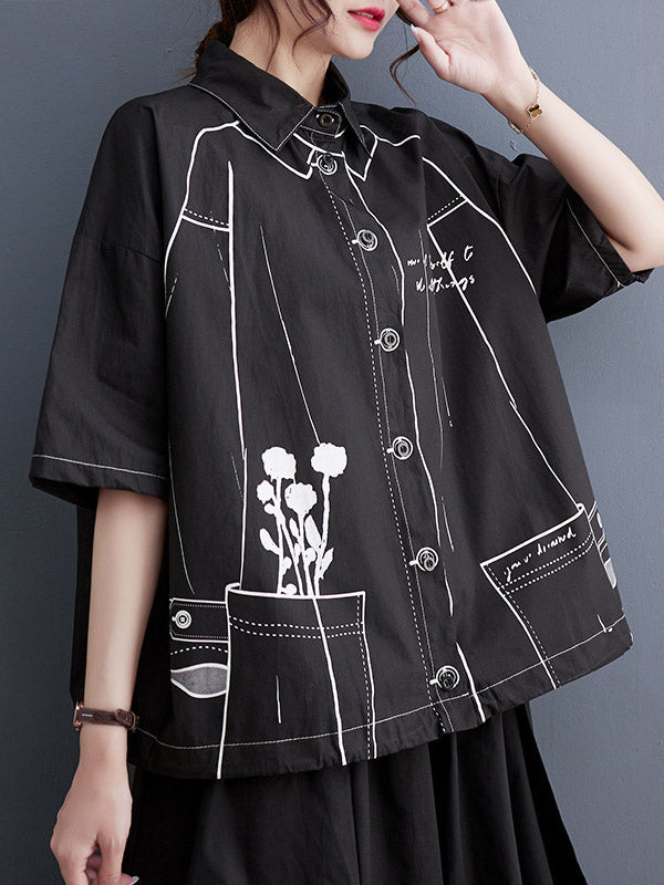 Lose Kurzarm-Blusen und -Hemden mit geknöpftem, bedrucktem Revers 