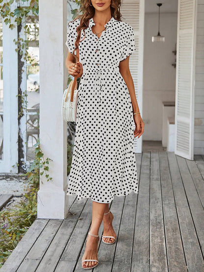 A-Line High Waisted Buttoned Drawstring Polka-Dot V-Neck Midi Dresses