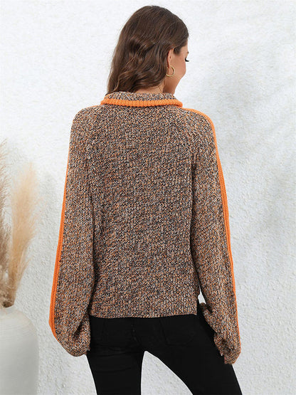 Casual Long Sleeves Loose Contrast Color Half Turtleneck Sweater Tops