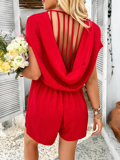 High Waisted Loose Backless Pockets Solid Color V-Neck Rompers
