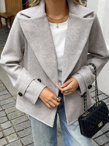 Long Sleeves Loose Buttoned Double-Breasted Solid Color Lapel Blazer Outerwear