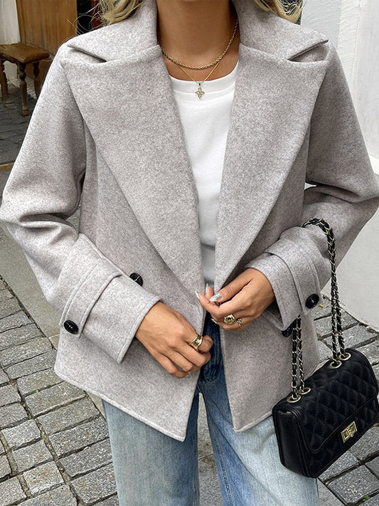 Long Sleeves Loose Buttoned Double-Breasted Solid Color Lapel Blazer Outerwear
