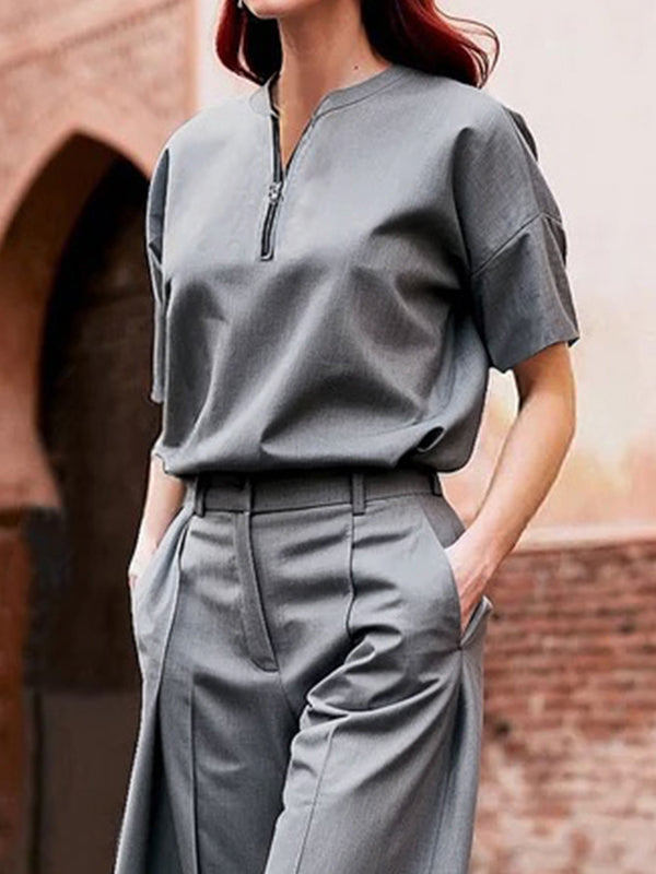 Lockere, kurze Ärmel, einfarbig, mit Reißverschluss und V-Ausschnitt, Blusen und Hemden 