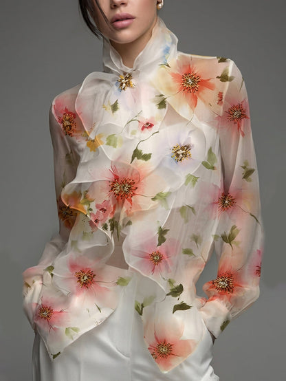 Long Sleeves Loose Flower Print Ruffled Tied Stand Collar Blouses&Shirts Tops