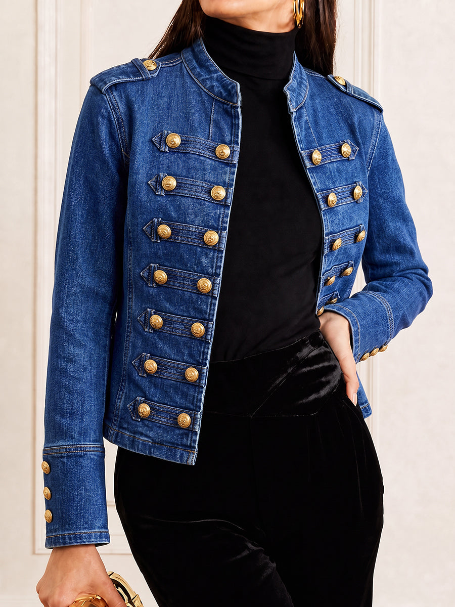 Split-Joint Solid Color Buttoned Long Sleeves Bloomers Mock Neck Outerwear