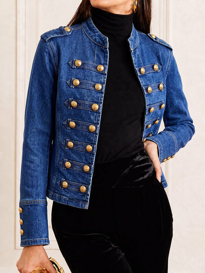 Split-Joint Solid Color Buttoned Long Sleeves Bloomers Mock Neck Outerwear