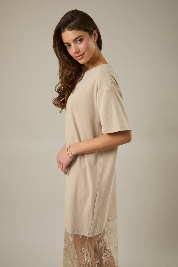 Round Neck Lace Joined T-Shirt Maxi Dress
