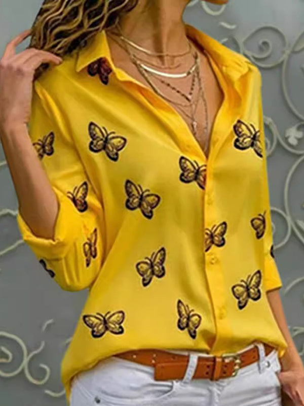 Chemisiers et chemises amples à manches longues, imprimé papillon, boutonnés et à revers fendus 
