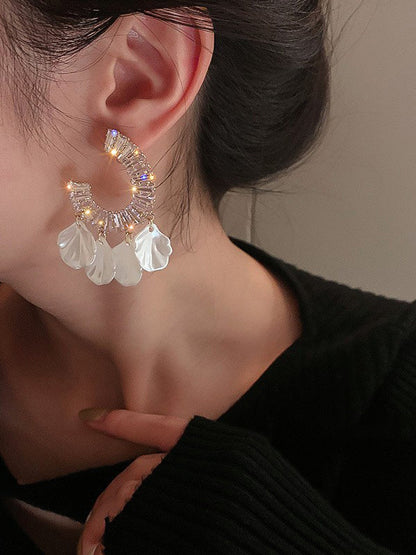 Geometric Rhine Stones Tasseled Drop Earrings WHITE One_size