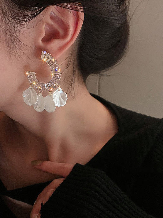 Geometric Rhine Stones Tasseled Drop Earrings WHITE One_size