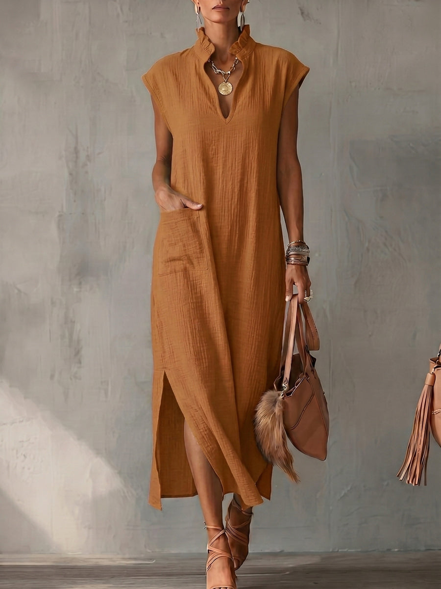 Loose Sleeveless Pockets Ruffle Trim Solid Color Split-Side Stand Collar Midi Dresses