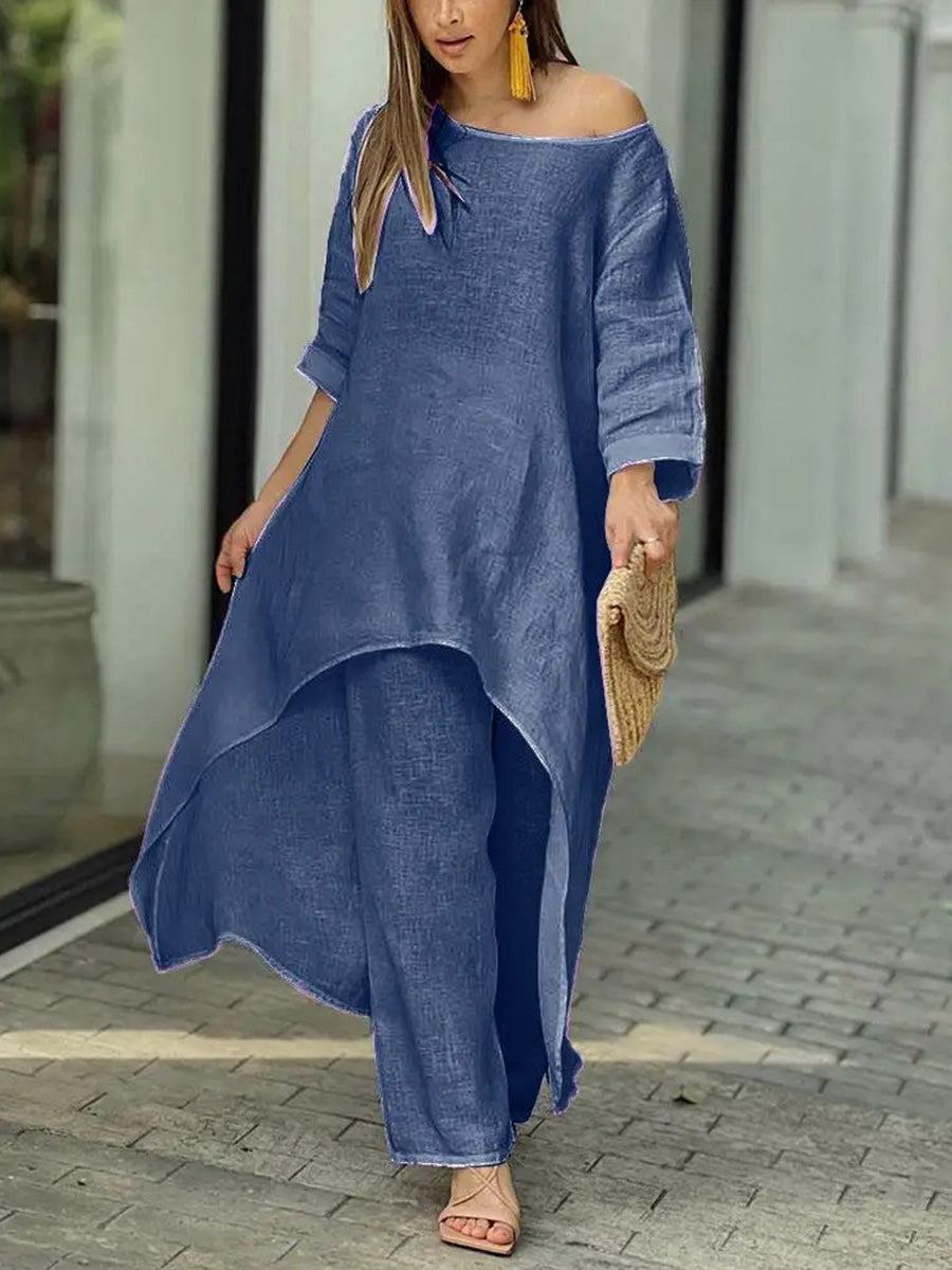 Asymmetric Solid Color High Waist High-Low Round-Neck Tops + Wide Leg Pants Bottoms Two Pieces Set