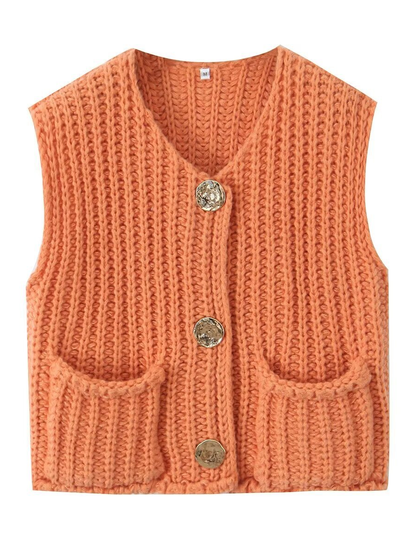Sleeveless Buttoned Pockets Solid Color Cardigan Tops Knit Top