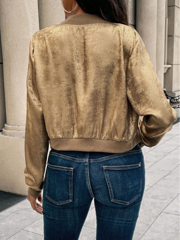 Vêtements d'extérieur amples à manches longues, brillants, à fermeture éclair et col rond 