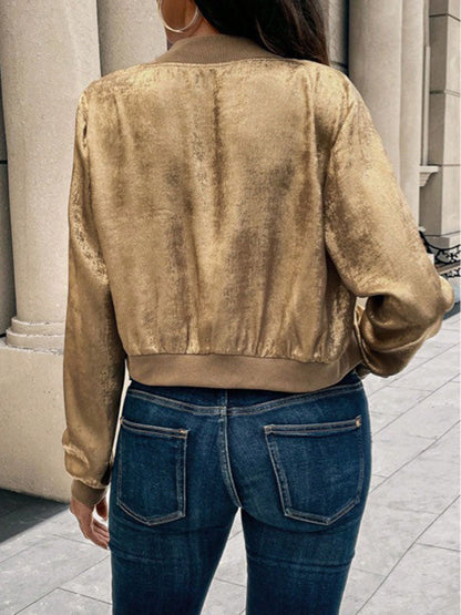 Vêtements d'extérieur amples à manches longues, brillants, à fermeture éclair et col rond 