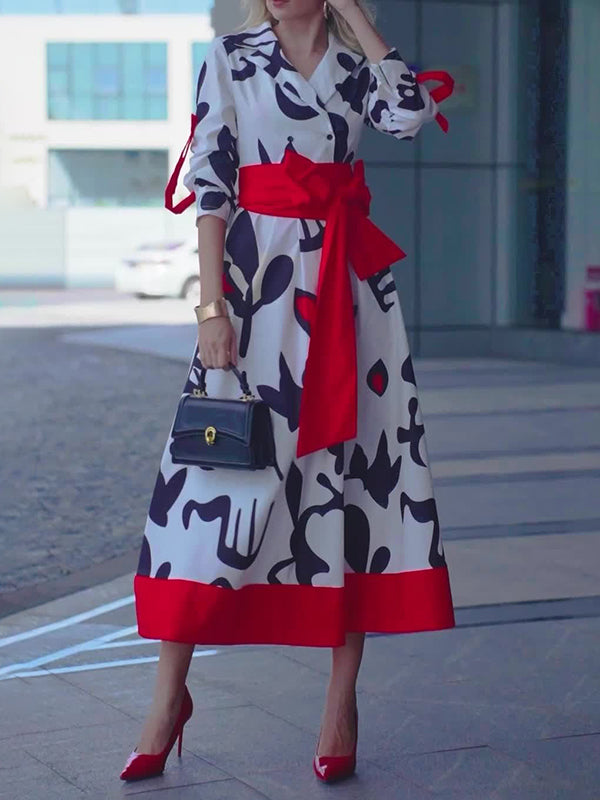 A-Line Long Sleeves Buttoned Contrast Color Tied Waist Notched Collar Maxi Dresses Shirt Dress