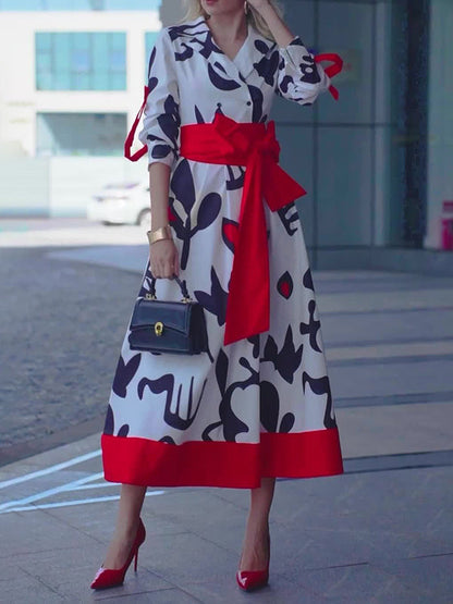 A-Line Long Sleeves Buttoned Contrast Color Tied Waist Notched Collar Maxi Dresses Shirt Dress