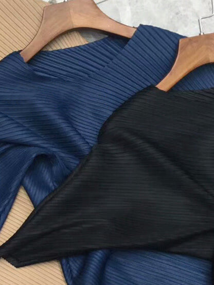 Half Sleeves Irregular Clipping Pleated Solid Color Round-Neck Midi Dresses